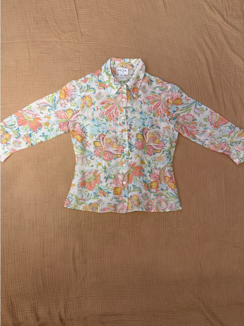 Oscar by Oscar de la Renta Floral Paisley Multicolor Linen Silk Button Up Blouse